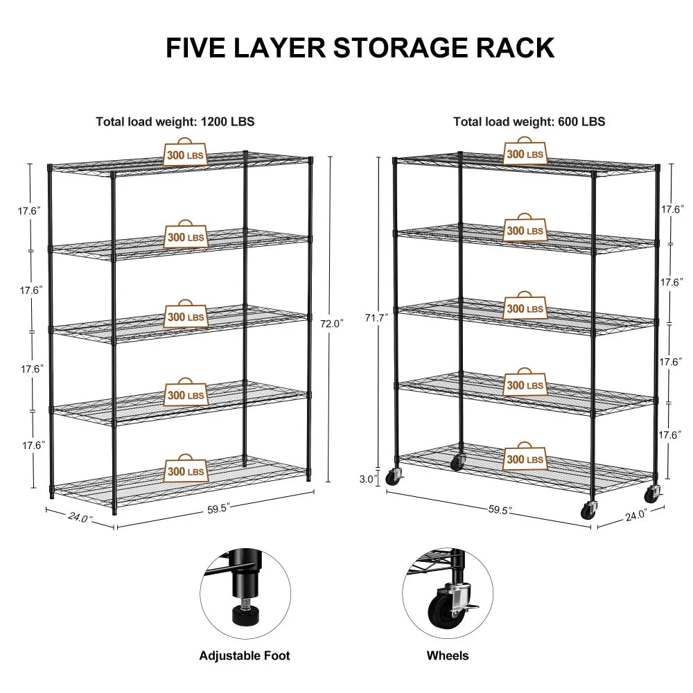 Warehouse supermarket kitchen other 5-layer heavy-duty adjustable shelves with wheels adjustable feet frame bearing 300 pounds
