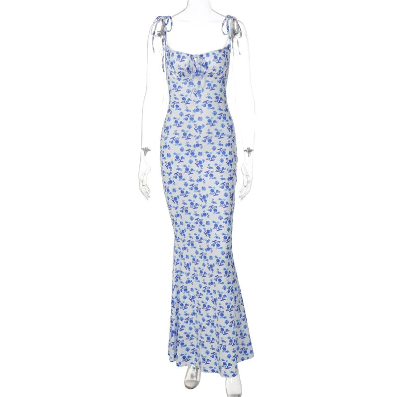 Summer Sexy Women Elegant Floral Printed Beach Vacation Bodycon Streetwear Long Dress Spaghetti Strap Sheath Dress