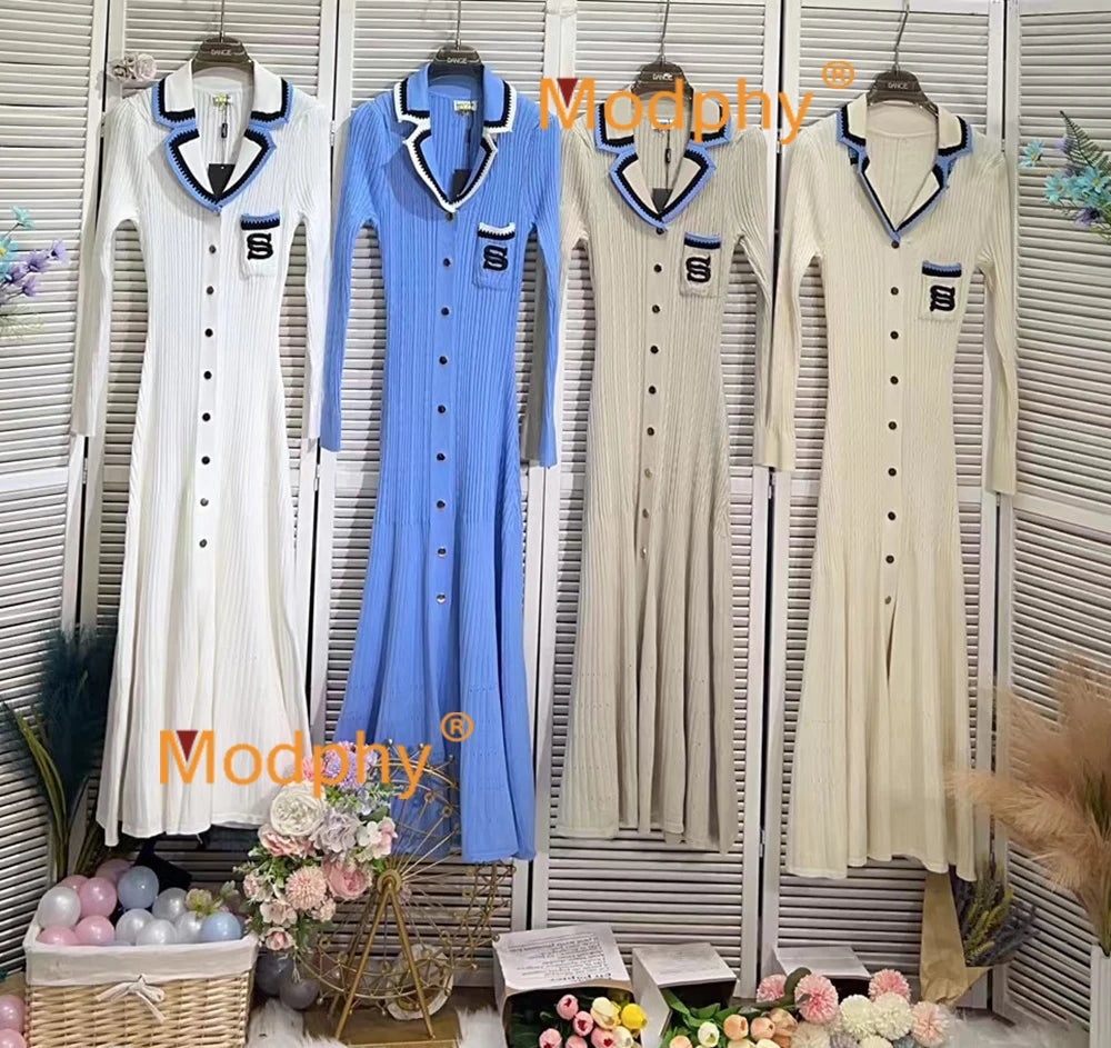 Modphy 2025 Elegant Slim Knitted Long Dress Women's Letter Single Breasted Long Sleeved Designer Vintage Dresses Autumn