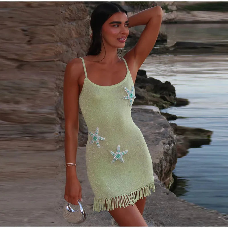 Star Pattern Knitted Sequins Long Dress Women Sleeveless O-neck Solid 2025 Summer Fashion Slim Dresses Vacation Party Vestidos