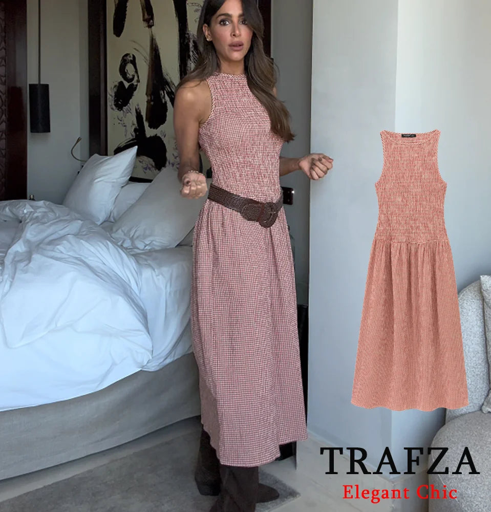 TRAFZA Women Elegant Plaid Vest Dress Sleeveless Stretch Bust Long Dress New 2025 Summer Fashion Romantic Vacation Dress