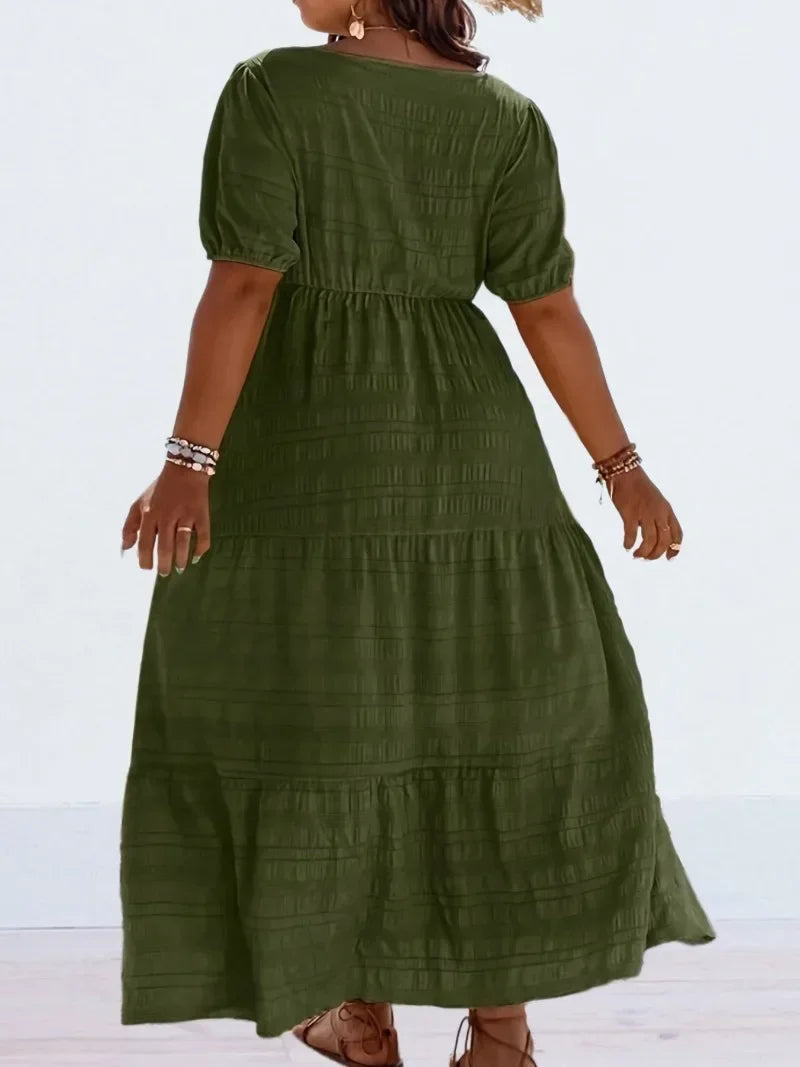 Plus Size 1XL-5XL Women's Fashionable Square Neck Solid Color Dress Ladies Casual A-line Skirt Short Sleeved Long Dress