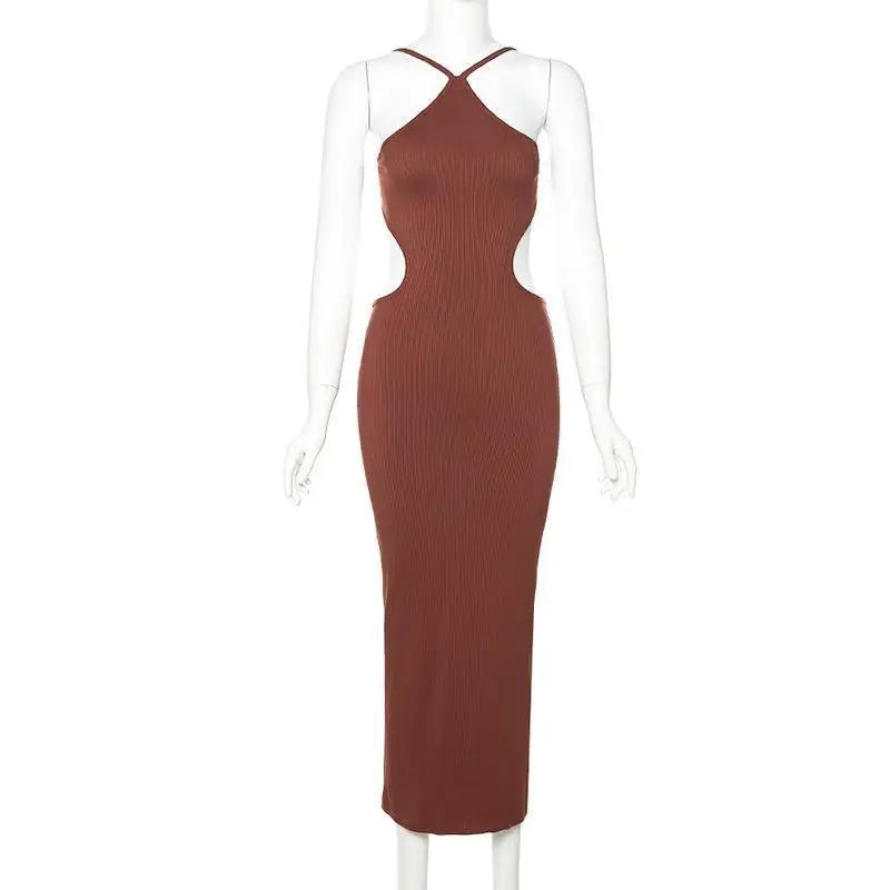 Sexy Full Back Hollow Out Backless Slim Bodycon Long Dress Women Off Shoulder Halter Skinny Dress Elegant Club Party Vestidos