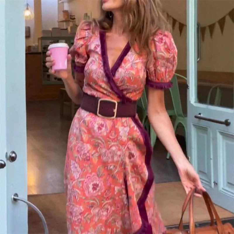 2025 Summer New Bohemian Pattern Print Long Dress Casual V Neck Irregular Fit Dress Elegant Puff Sleeve Vacation Dress For Women