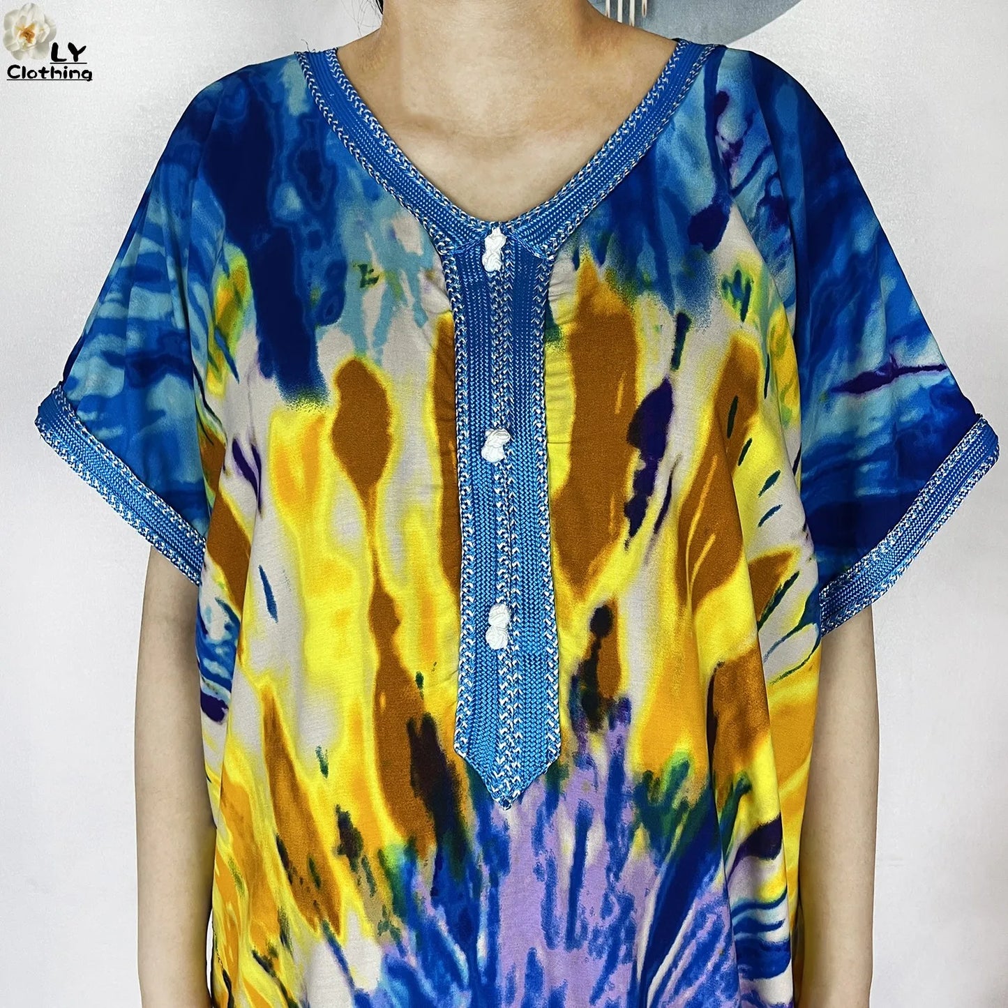2024 New Style Short Sleeve African Dashiki Tie-dyed Cotton Abaya Caftan Lady Summer Maxi Islam Casual Dresses With Big Scarf