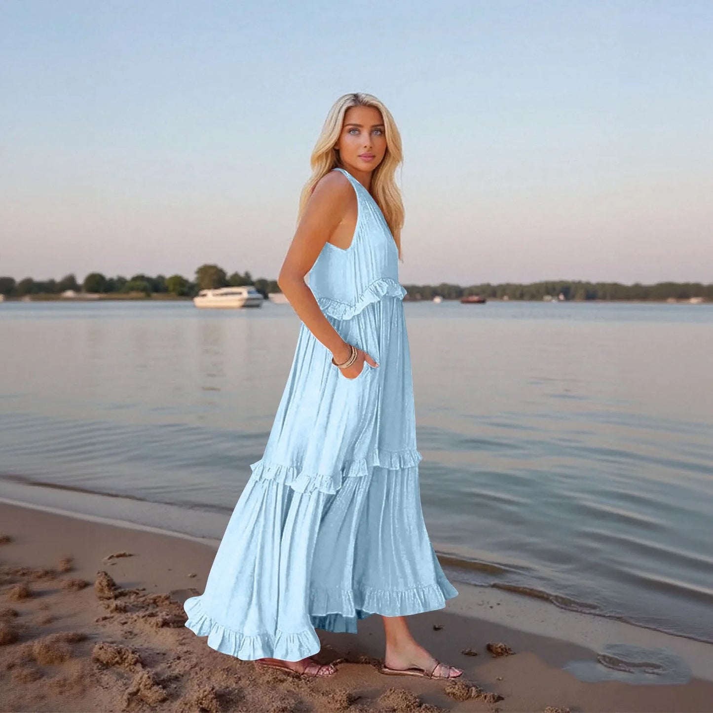 Women's Ruffled hem layered long dresses Summer Sleeveless backless dress Fashion Long Dress Big Swing Beach Dress vestidos