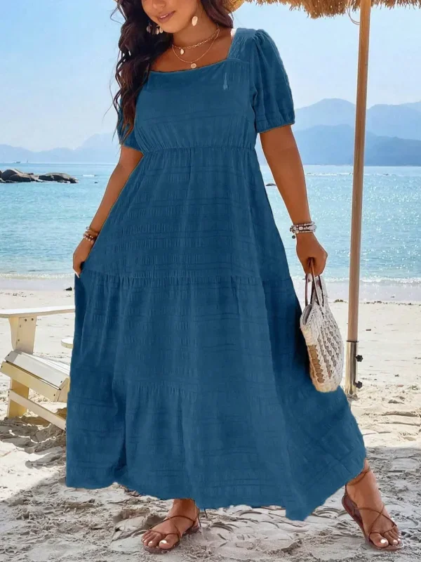 Plus Size 1XL-5XL Women's Fashionable Square Neck Solid Color Dress Ladies Casual A-line Skirt Short Sleeved Long Dress