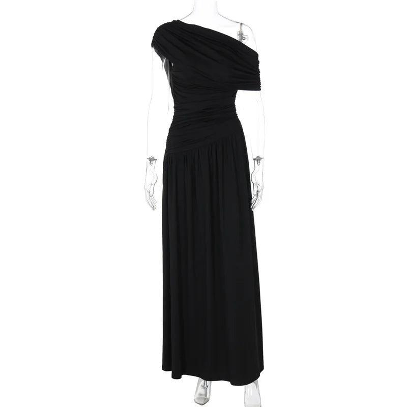 Mozision Incline Shoulder Backless Sexy Maxi Dress Women Summer New Fashion Sleeveless Pleated Ruched Club Party Long Dress