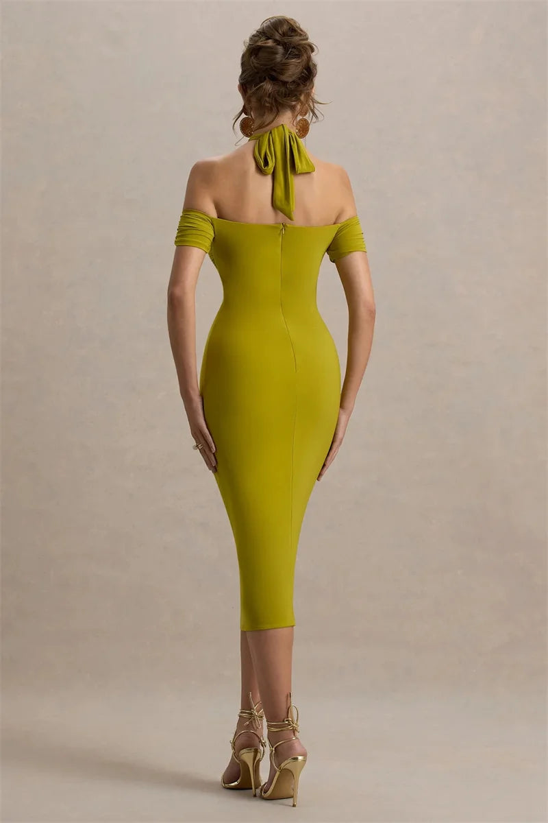 Mozision Hollow Out Halter Backless Sexy Midi Dress Women Fashion Off-shoulder Sleeveless Skinny Club Party Long Dress Elegant