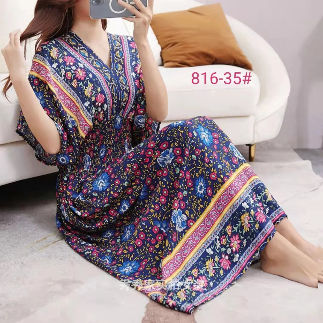 V-neck Large Skirt Hem Casual Sweet Holiday Long Dress Bat Sleeves Elastic Waist Bohemian Print Floral Elegant Dresse For Women