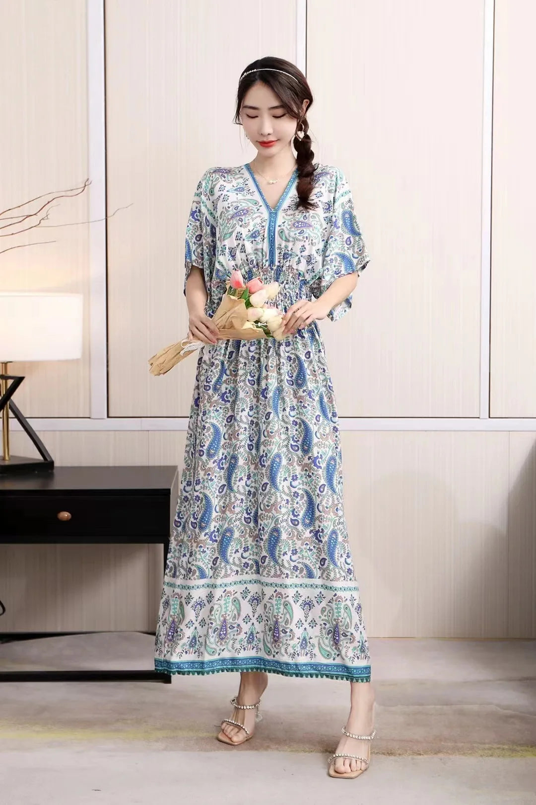 V-neck Large Skirt Hem Casual Sweet Holiday Long Dress Bat Sleeves Elastic Waist Bohemian Print Floral Elegant Dresse For Women