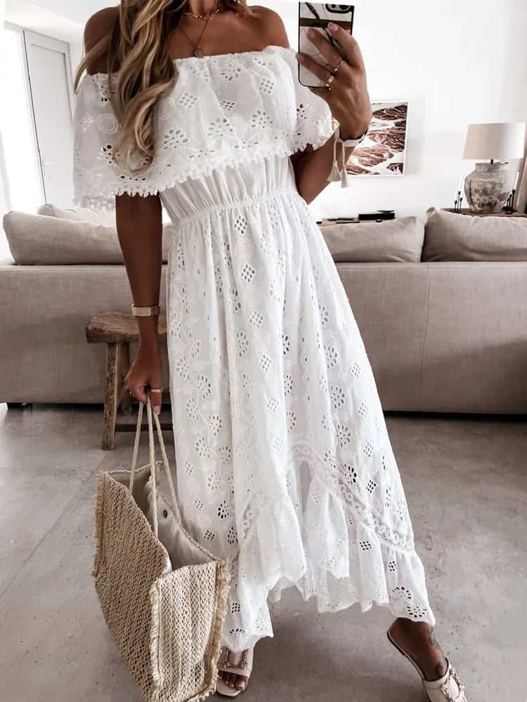Women Bohemian White Long Dress Short Sleeve Off Shoulder Lace Ruffle Loose Dress Summer Holiday Beach Casual Dresses Female