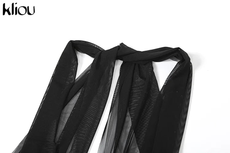 kliou Ribbons Women Long Dress Patchwork Cross Halter Sleeveless Backless Straight Vestidos Female Elegant Evening Classic Robe