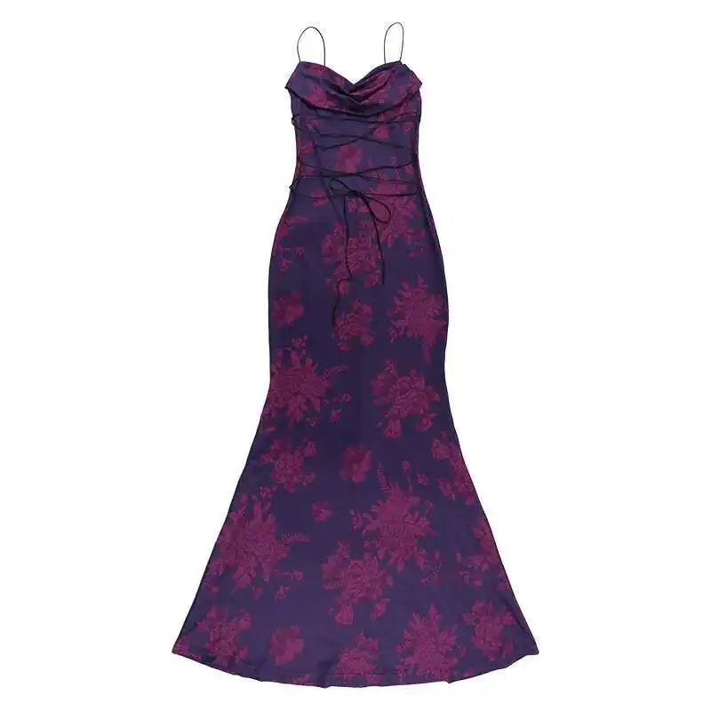 Avrilyaan Pile Collar Print Backless Sexy Dress Women 2024 Elegant Holiday Casual Dress Bodycon Summer Maxi Long Dress Vestido