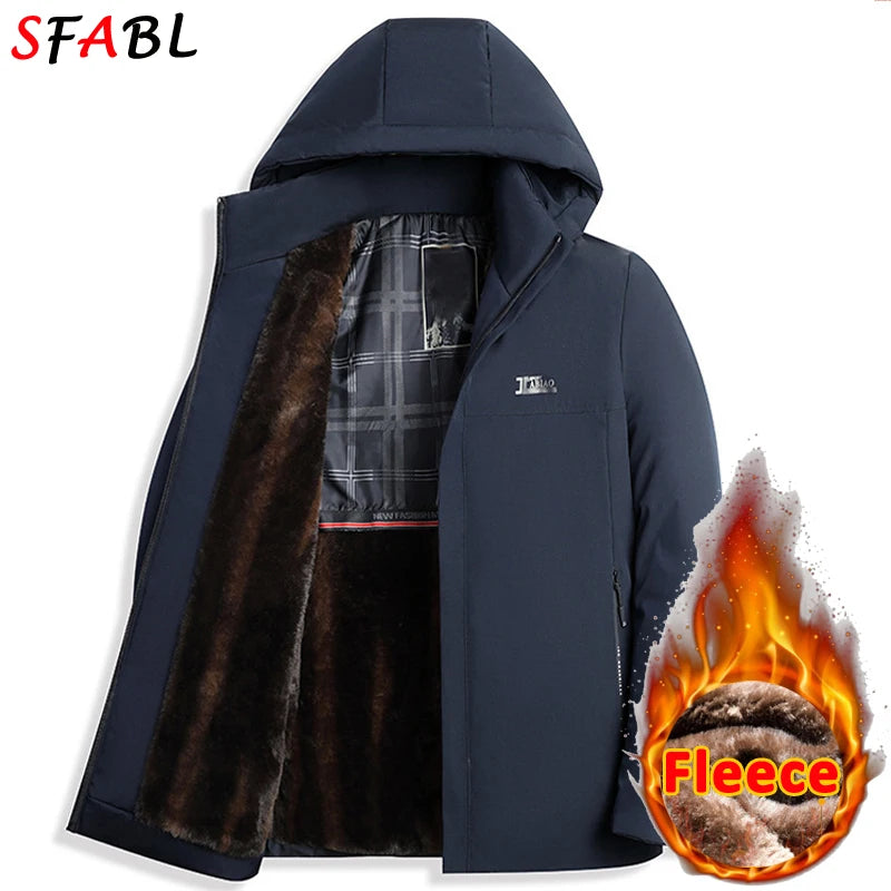 New Hooded Fleece Lining Men's Winter Jacket Coat Parka With Zipper Pockets Korean Winter Jackets for Men's Winter Coats Black