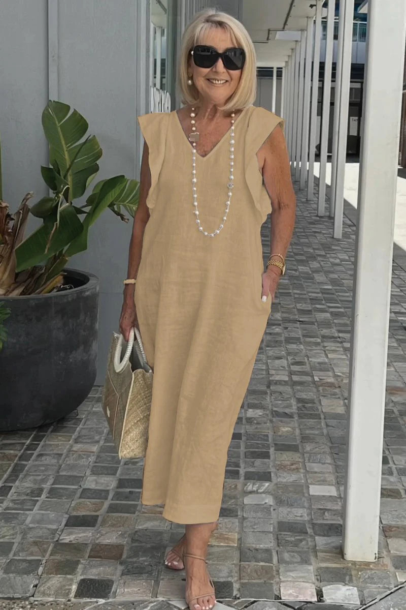 Summer Cotton And Linen Dress For Women Fashion Flying Sleeves Strappy Back Solid Color Loose Long Dress Elegant Robe Femme