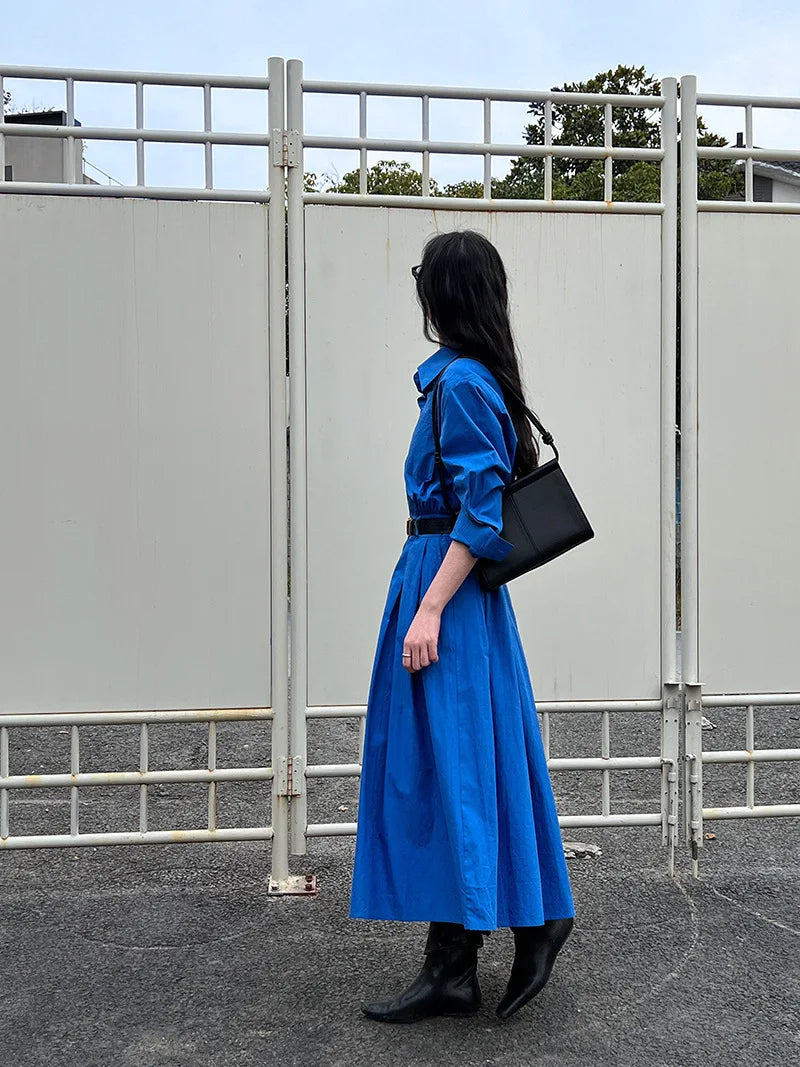 Polo‘s Collar Shirt Dress Women Spring Slimming Long Dress With A Cinched Waist Blue / Pink