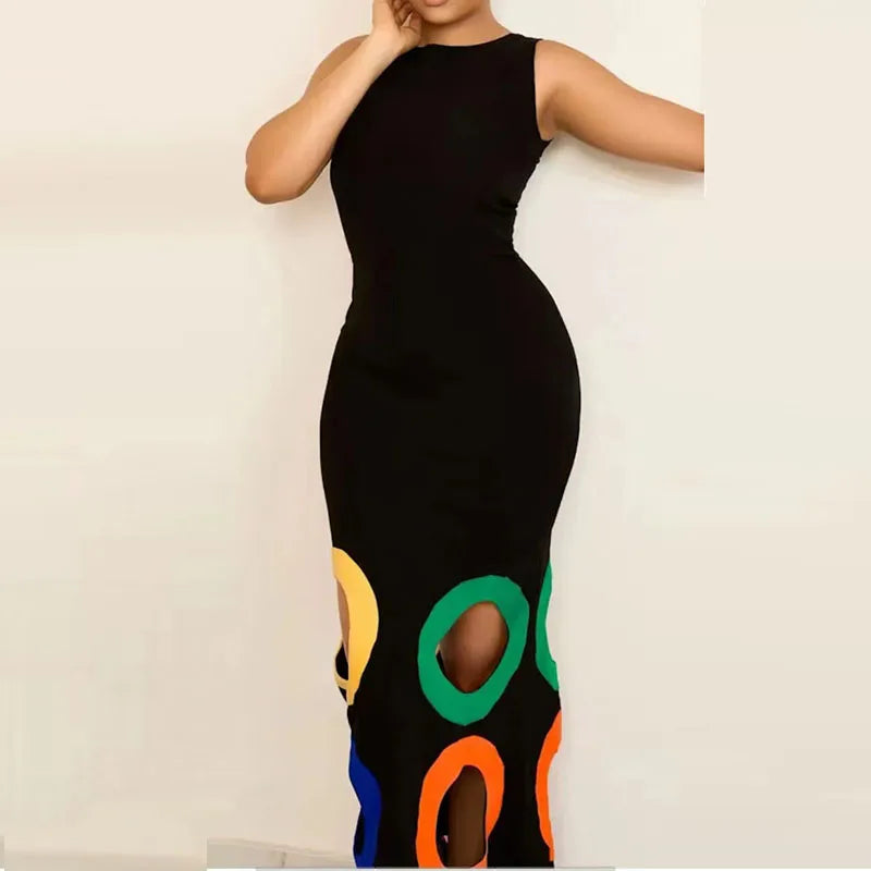 Summer Black Slim Hollow Sexy Party Vacation Long Dress Women's  Elegant Casual Sleeveless Sundress New High Waist Evening Dress