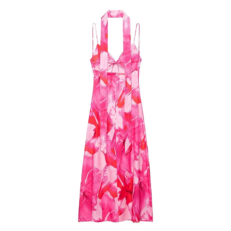 Elegant Printed Tighte Waist Women's Long Dress V-neck Slim A-line Robe 2025 Summer Beach Holiday Style Female's Long Dresses