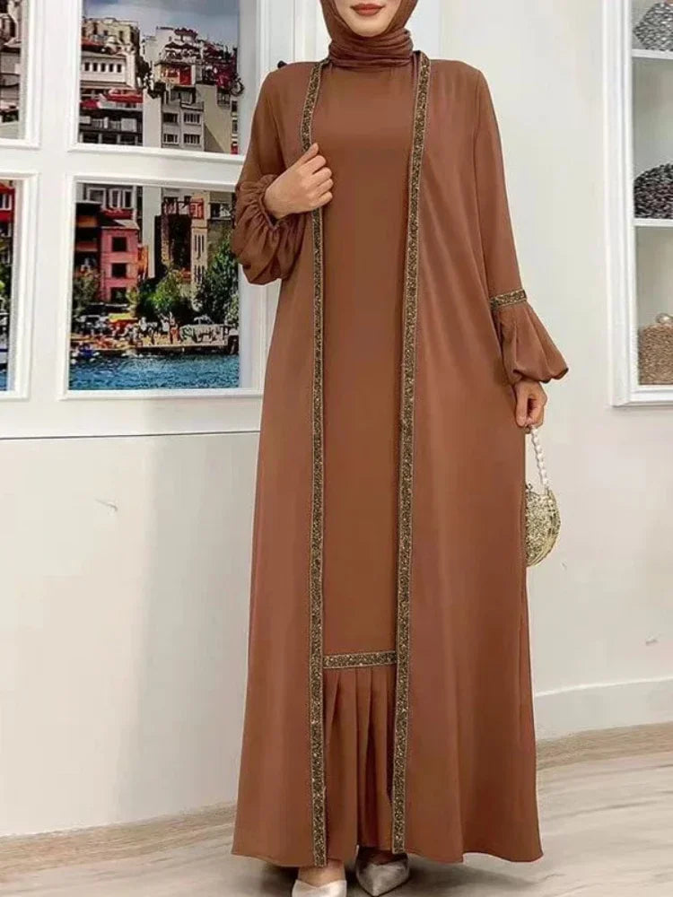 Muslim Women Hijab Dress 2 Piece Set Eid Lantern Sleeve Maxi Long Dress Islamic Clothing Caftan Kimono Big Swing Abaya Dresses