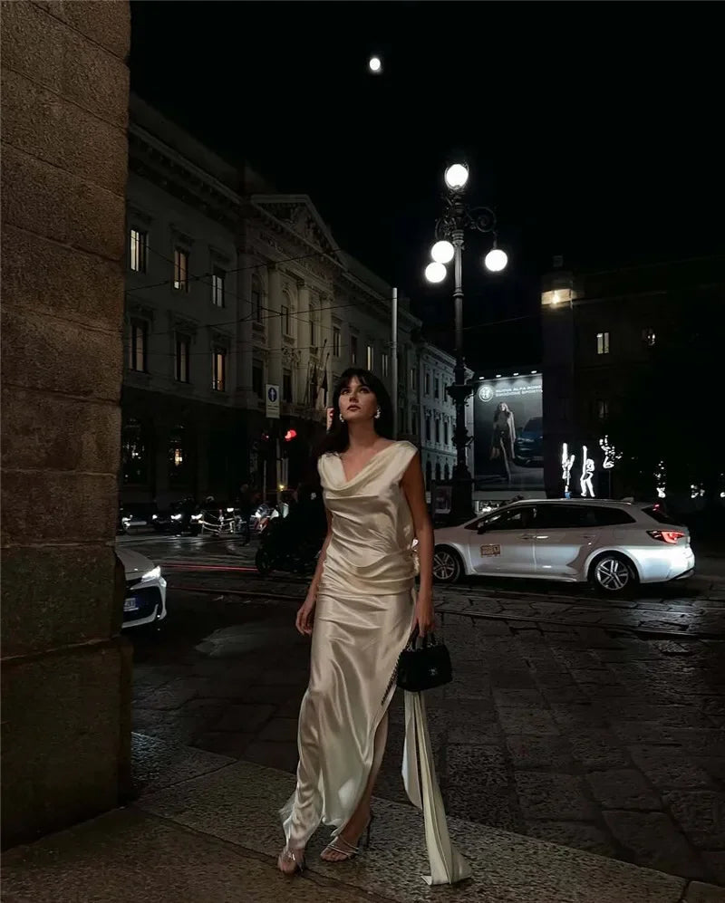 2025 Satin Backless Sexy Long Dress for Women Elegant Rose Thigh High Waist Beach Holiday Gorgeous Club