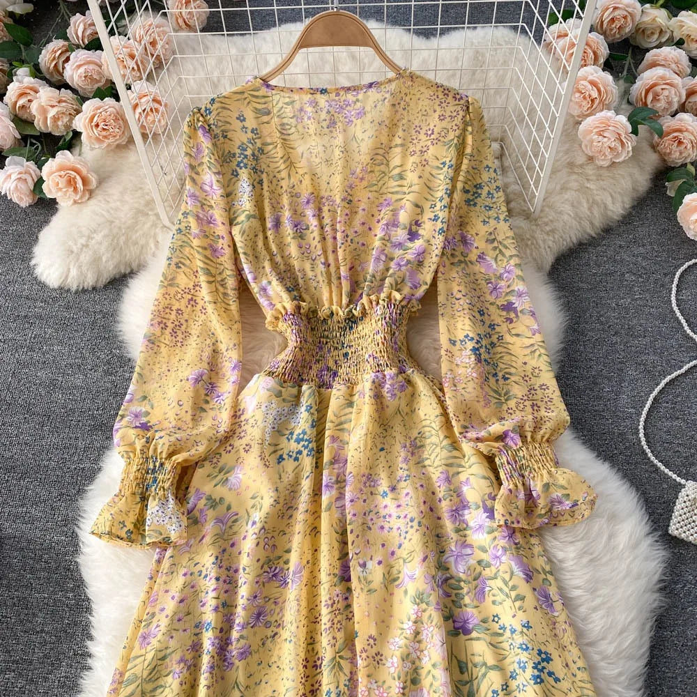 YuooMuoo 2025 Spring Summer Long Sleeve Chiffon Dresses Fashion Female Elastic Waist Pleated Long Dress Women Print Floral Dress