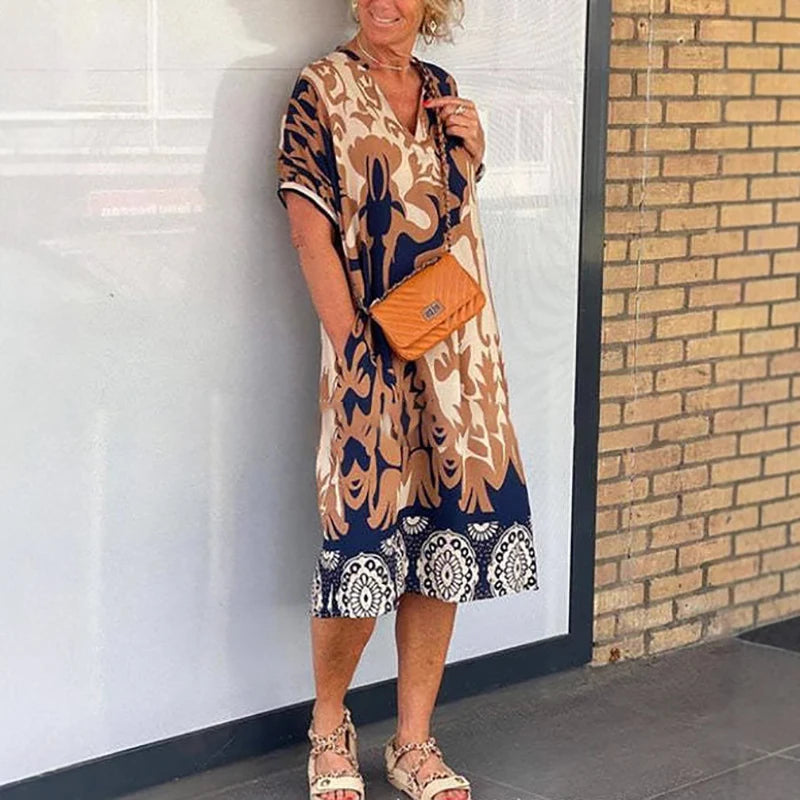 Retro Fashion Spring V Neck Party Dresses Woman Elegant Floral Print A-Line Long Dress 2025 Summer Short Sleeve Loose Boho Dress