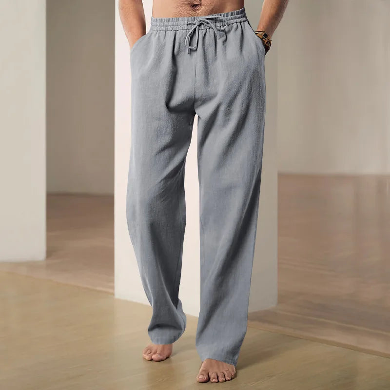Men's summer cotton and linen loose straight wide-leg pants, casual sports linen long pants, jogging and fitness sportswear