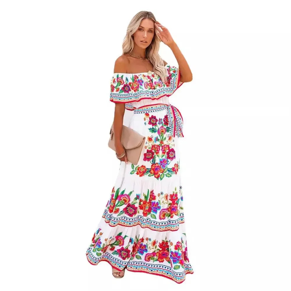 2024 Spring Summer New Independent Stand Amazon Off-shoulder Red Flower Printing Long Dress Oversized Wide Hemline Sleeveless