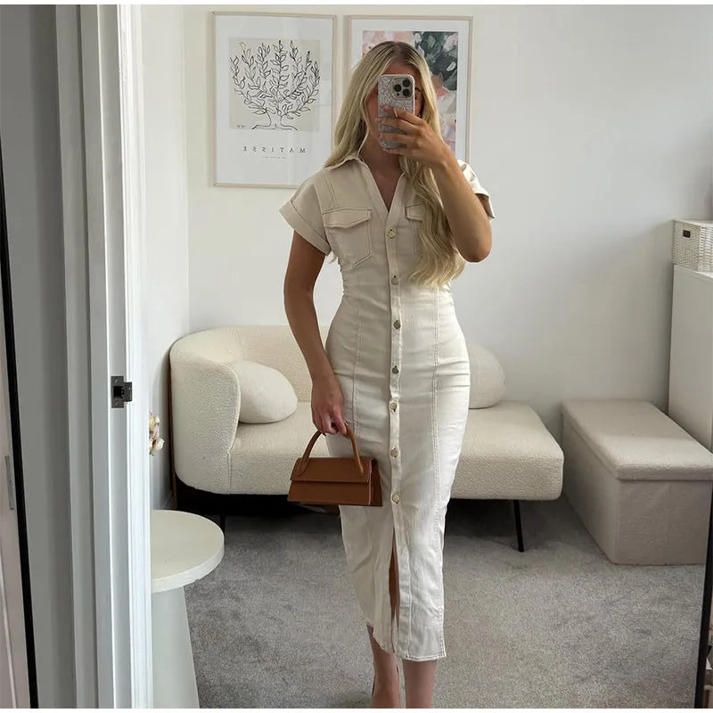 Sexy V-neck Denim Dresses 2025 Women's Spring Fashion Slim Long Dress Chic Short Sleeves Single Button High Street Lady New Robe