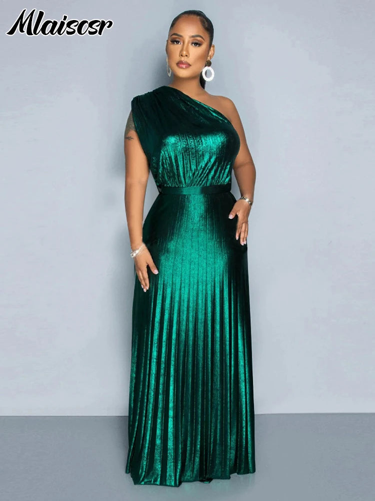 Mlaiscsr Metallic Golden One Shoulder Sleeveless Pleated A-Line Long Dress Elegant Women Luxury Birthday Evening Gowns Vestidos