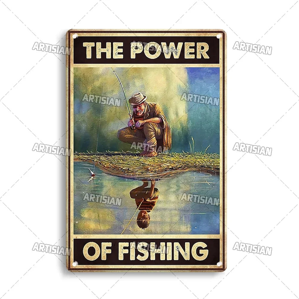 Artisian Fishing Metal Poster Sport Tin Sign Lure Bait Decorative Plaque Wall Decor Garage Bar Pub Club Hotel Cafe Kitchen Home