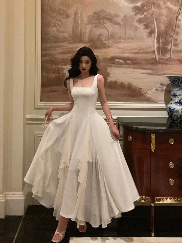 Summer Solid Elegant Camisole Long Dress Women Sweet Sleeveless A-Line Ruffles Fairy Dress Female Evening Party Vestidos Largos