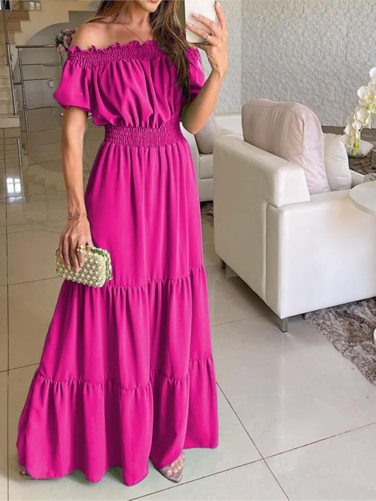 Women's Dress One-line Collar Spring And Summer Short-sleeved New Green Long Dress Fashion Casual Loose Beach Party Dresses Robe