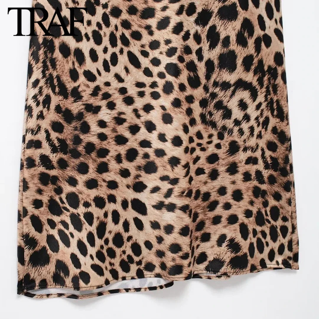 TRAF Women Fashion Summer New Underwear Backless Satin Texture Leopard Print Long Dress Chic Female French Elegance Evening