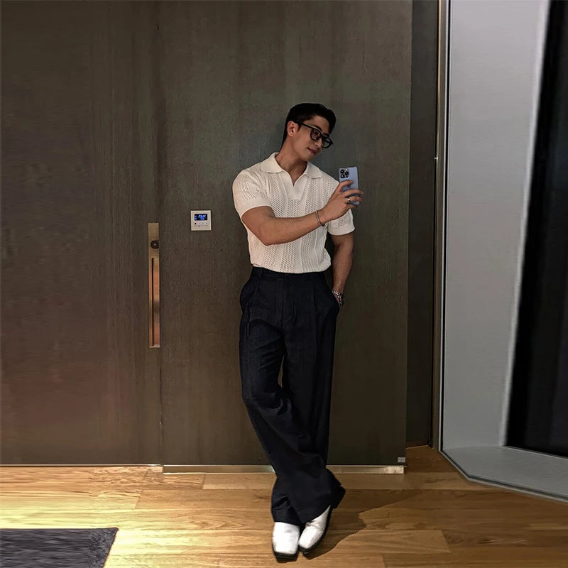Men's Clothing Luxury Korean Popular Hollow Out Polo Shirt Leisure V Neck Short Sleeve Solid Color Retro Streetwear Knitwear