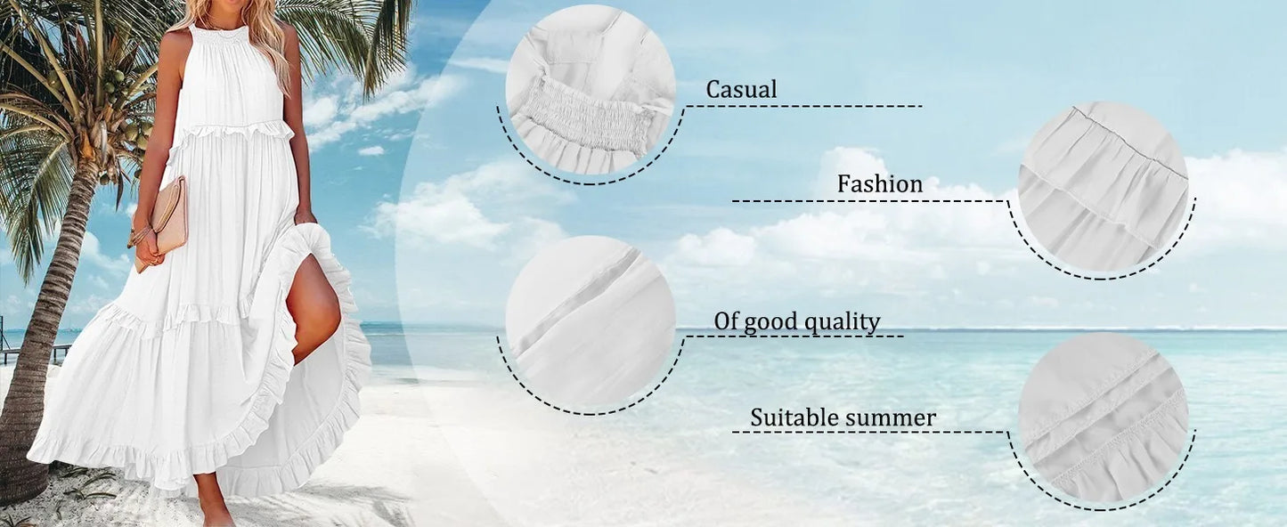 Women's Ruffled hem layered long dresses Summer Sleeveless backless dress Fashion Long Dress Big Swing Beach Dress vestidos