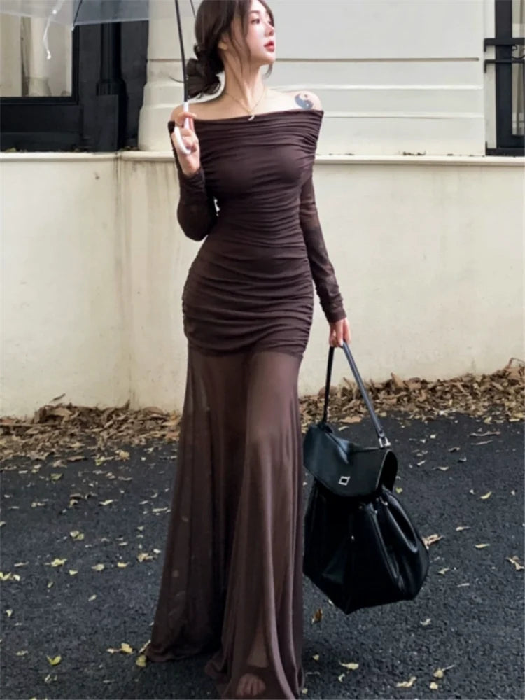 Women Long Sleeve Off Shoulder Coffee Long Dress New Spring Slash Neck Mesh Patchwork Dress Strapless Pleated Pencil Party Dress