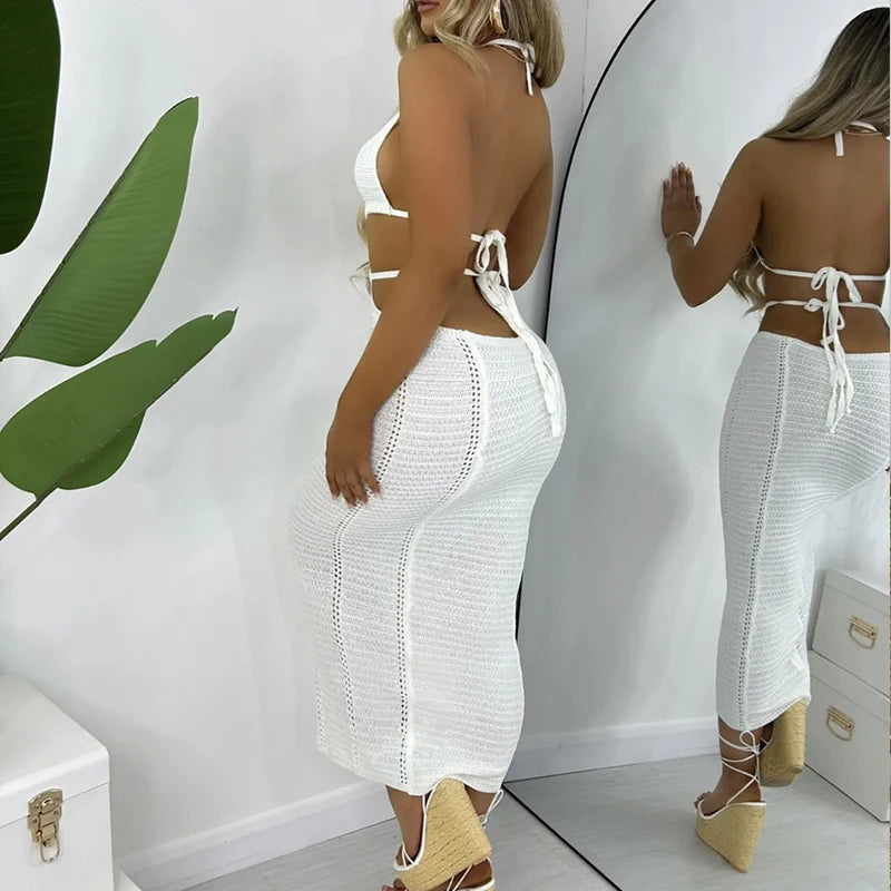 New Style Hollow Out Backless Tie Up Dress Women Beach Holiday Sun Bathing Sunscreen Long Dress Knitting Beachwear Cover Up