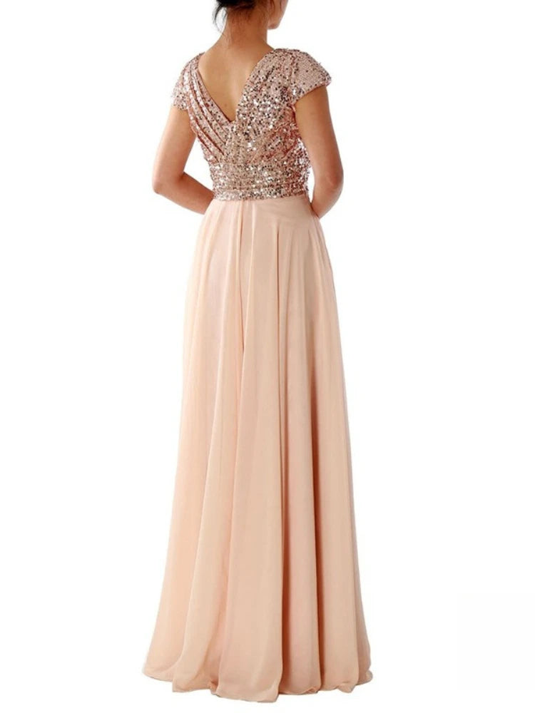 Elegant Sequins Chiffon Dress for Women V Neck Pleated Hem Female Sequins Chiffon Prom Cocktail Long Dress Wedding Evening Dress