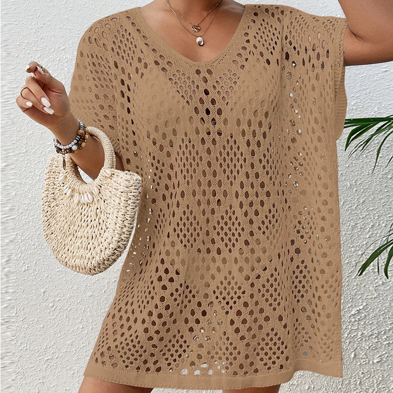 New Style Knitting Hollow Out Loose Beachwear Cover Up Women's Beach Holiday Swimsuit Sunscreen Smock Fashion Bikini Cover-Ups