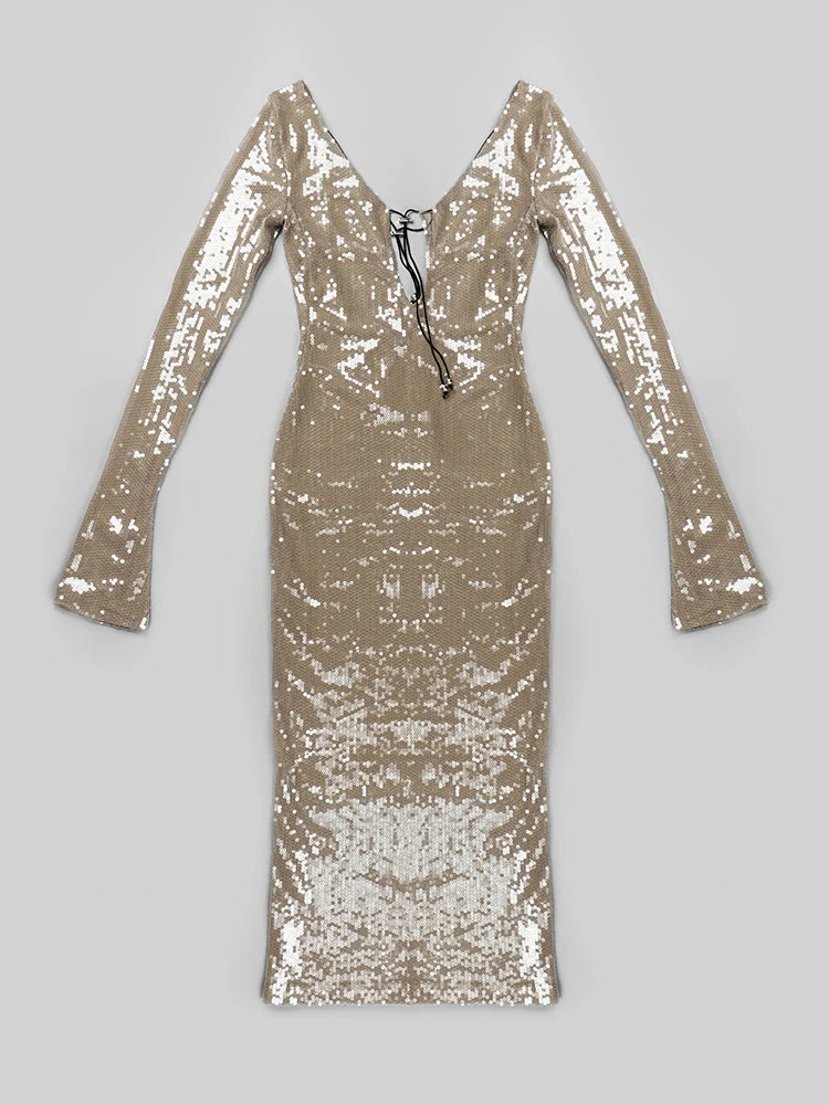 BEVENCCEL Sexy Luxury Sequins Deep V Long Sleeve Backless Sequins Long Dress Elegant Bodycon Maxi Evening Party Clubwear Dress
