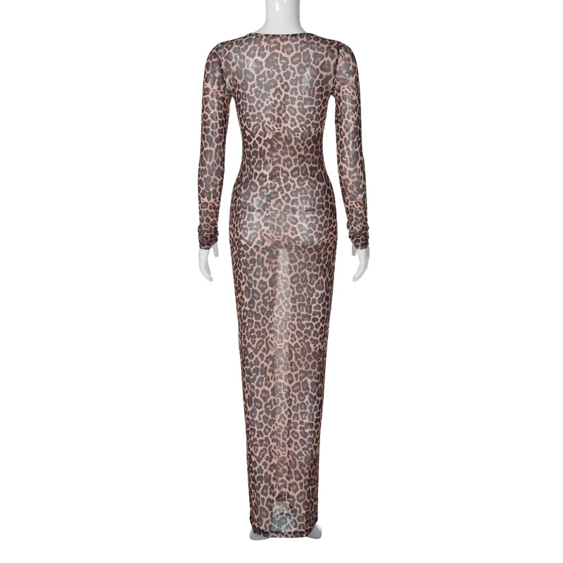 Hawthaw Women 2025 Summer Autumn Long Sleeve Leopard Mesh Party Club Streetwear Bodycon Long Dress Wholesale Items For Business