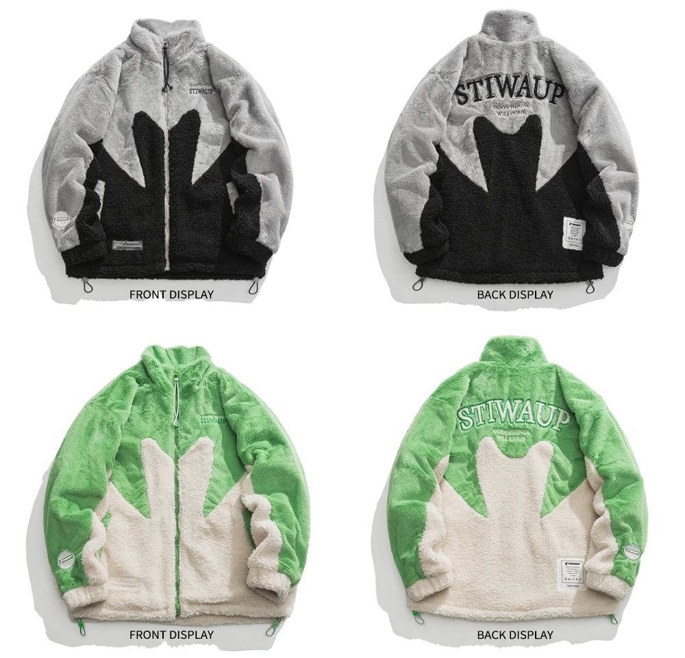 Winter Thick Warm Letter Embroid Maple Leaf Lambswool Sheep Fur Like Men Bomber Coat Unisex Women Jacket High Streetwear Couple