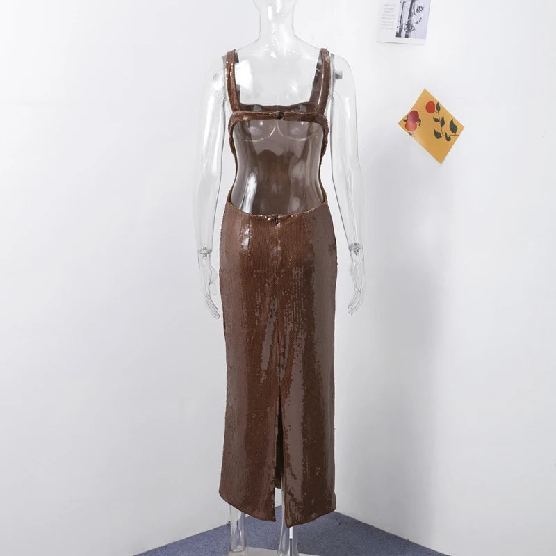 Sexy Square Neck Sling Long Dress Women Slim Sleeveless Backless Hollow Out Maxi Dresses 2025 Lady Party Christmas Gowns