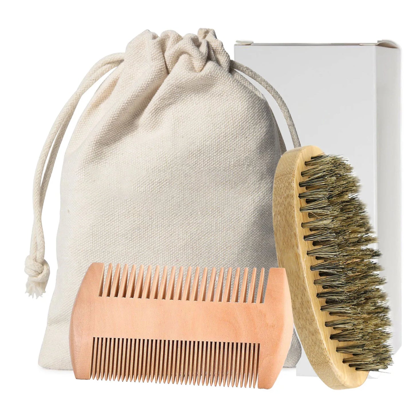 Men Shaving Bamboo Brush Comb Set Boar Bristle Portable Barber Beard Brush Comb Scissors for Facial Cleaning Styling Tool