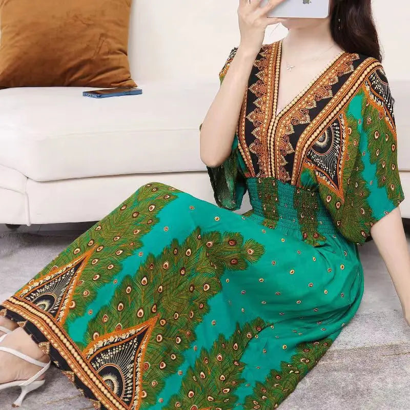 V-neck Large Skirt Hem Casual Sweet Holiday Long Dress Bat Sleeves Elastic Waist Bohemian Print Floral Elegant Dresse For Women