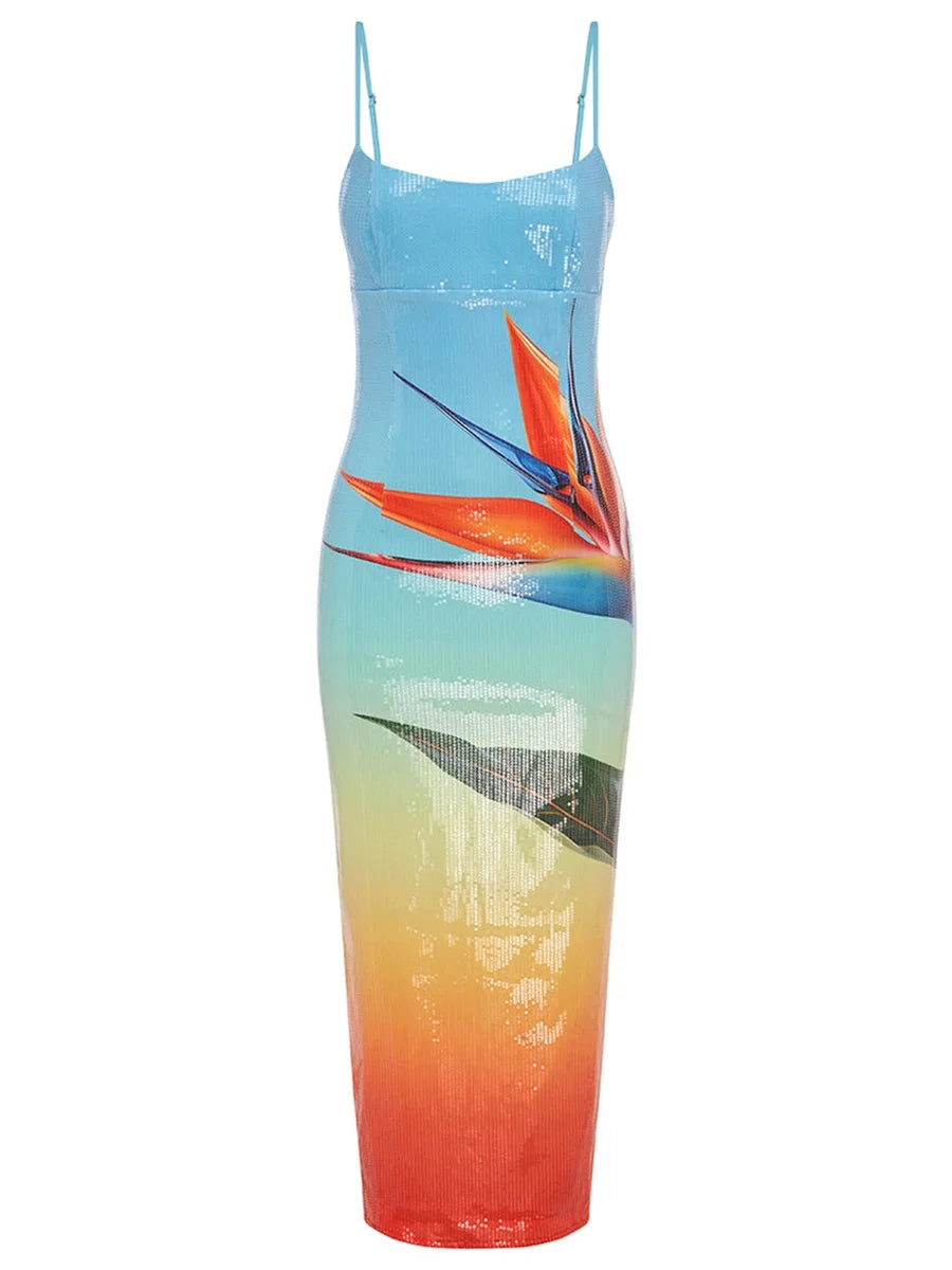 hirigin Women's Summer Long Dress U Neck Sleeveless Spaghetti Strap Leaves Pattern Slit Hem Contrasting Color Sequin Slim Dress
