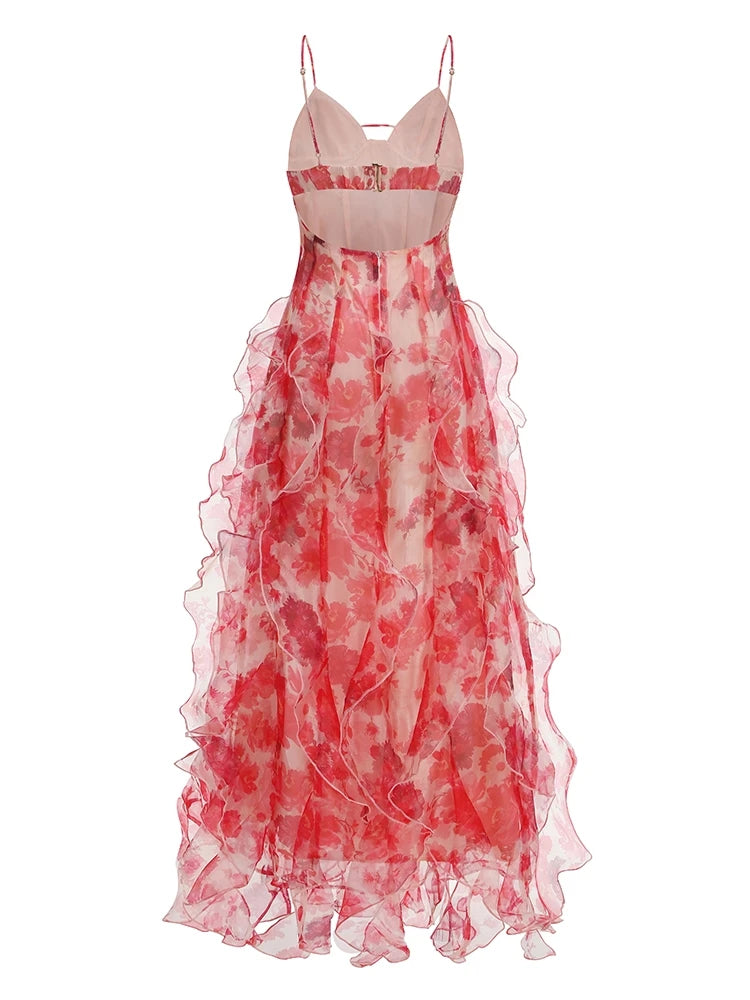Summer Women Sleeveless Colorful Floral Printing Beach Long Dress Sexy Spaghetti Straps Backless Ruffles Split Dresses Holiday