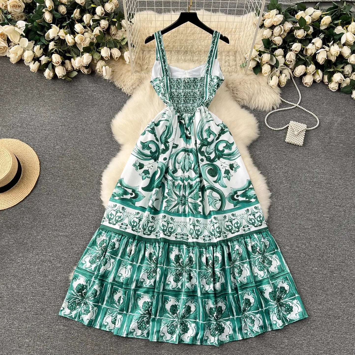New Summer Holiday Elastic Yellow Print Long Dress Women's Spaghetti Strap Cup Padded Backless Blue White Porcelain Maxi Vestido